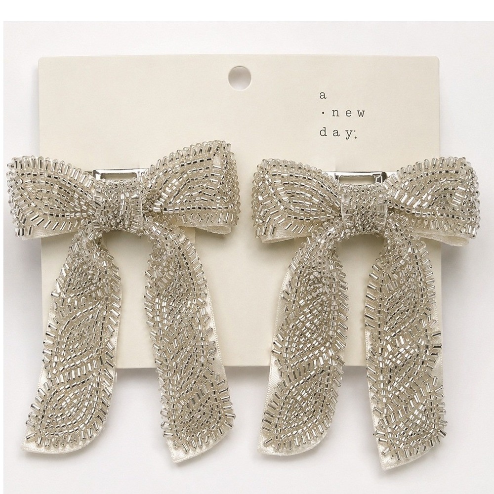 Pair of A New Day Silver Beaded Bow Hair Barrette Clip Ivory Ribbon NWT 2 Clips
